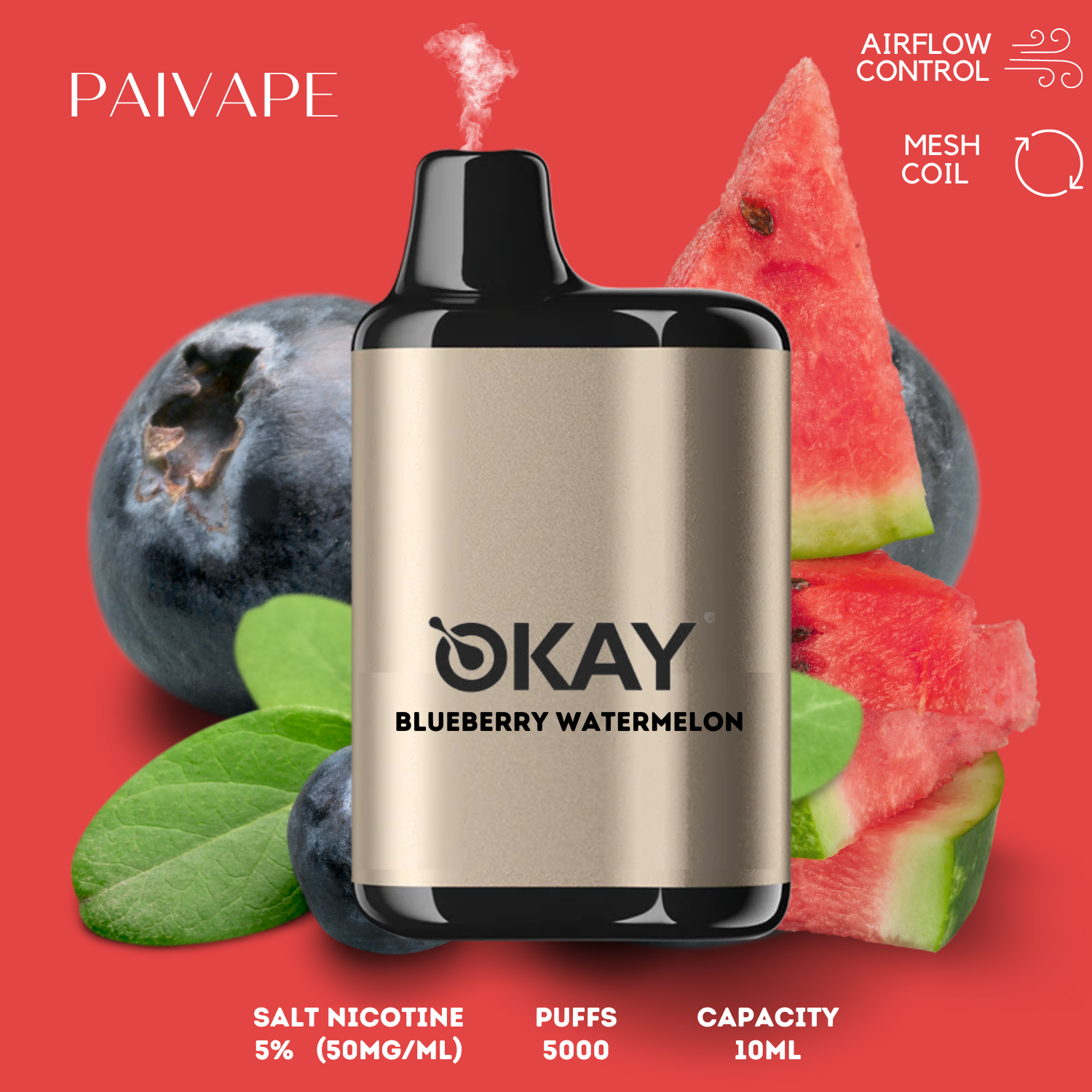 Pod blueberry watermelon An image of an Okay brand pod bar disposable e-cigarette in the blueberry watermelon flavor, with the text '5000 puffs' written on the front. The device is shown in a sleek and compact design with a metallic finish and a small mouthpiece. The background is a blurred, dark color. The image suggests that the blueberry watermelon flavor is available for purchase online in Pakistan.